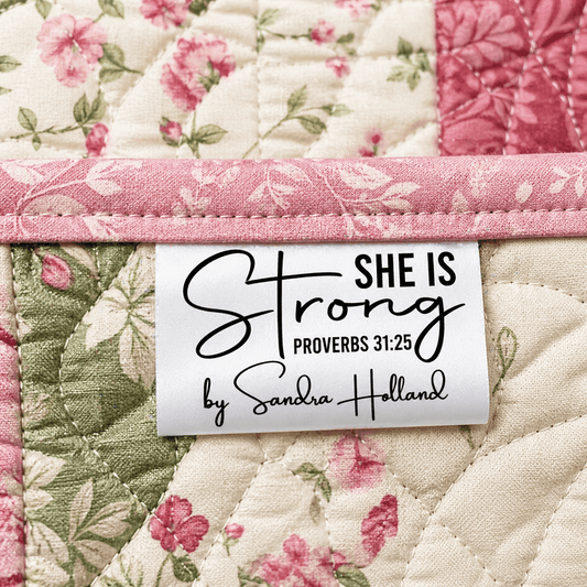 She Is Strong Satin Quilt Label Tag – Proverbs 31:25 Personalized Quilt Tag with Maker Name | Custom Sew - In Label - Jammin Threads