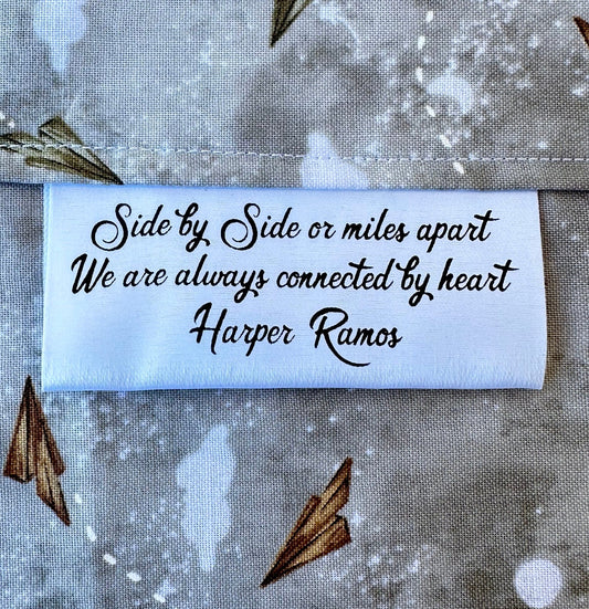 Side by Side or Miles Apart. Personalized Satin Tags - Jammin Threads