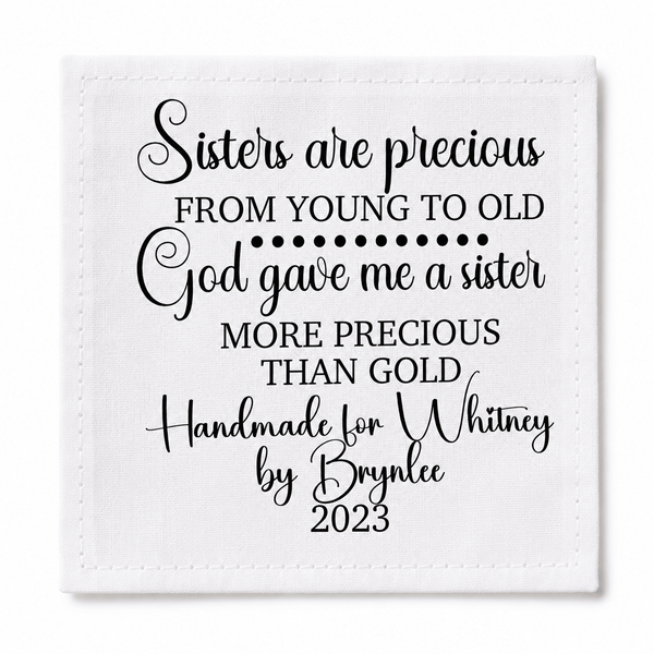 Sisters Are Precious Personalized Quilt Label | Custom Handmade For Sister Label with Maker Name & Year - Jammin Threads