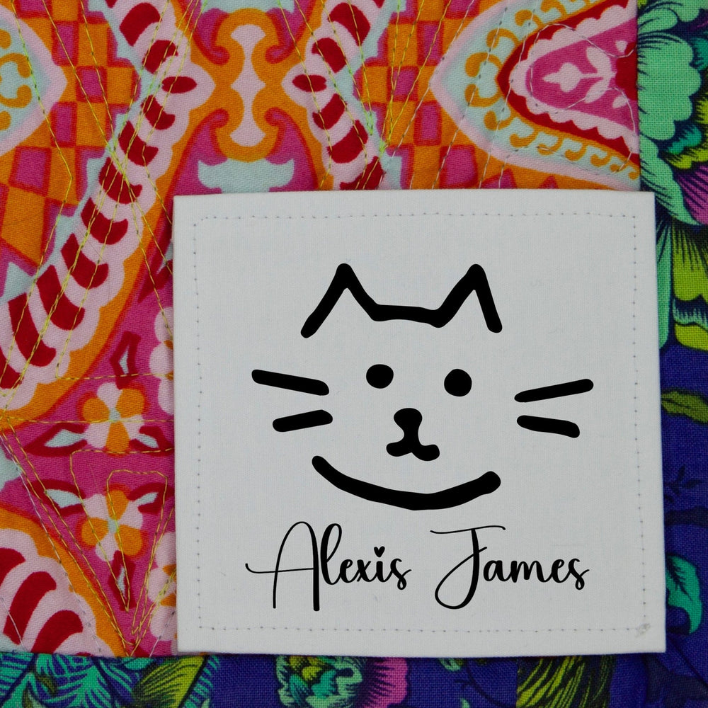 Personalized Cat Quilt Labels with Name – Cute Kitty Face Sewing Labels – Custom Quilt Tag 1.5" Square (12 per Sheet) - Jammin Threads