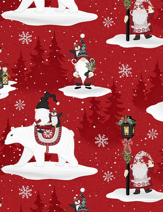 Snowy Gnomies Christmas Quilt Fabric 3074 49372 331 Scenic Gnomes Red - Jammin Threads