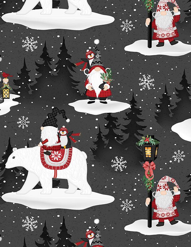 Snowy Gnomies Christmas Quilt Fabric 3074 49372 931 Scenic Gnomes Black - Jammin Threads