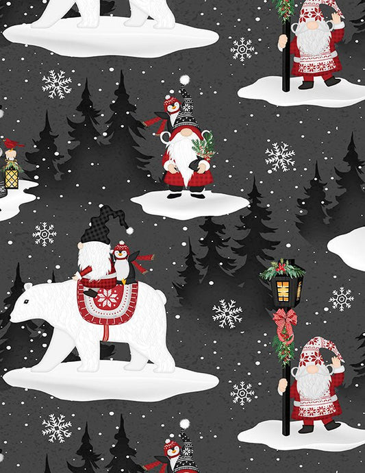 Snowy Gnomies Christmas Quilt Fabric 3074 49372 931 Scenic Gnomes Black - Jammin Threads