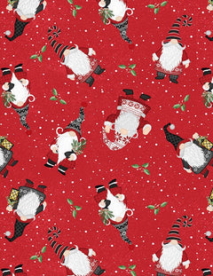 Snowy Gnomies Christmas Quilt Fabric 3074 49373 391 Gnome Toss Red - Jammin Threads