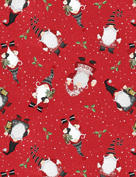 Snowy Gnomies Christmas Quilt Fabric 3074 49373 391 Gnome Toss Red - Jammin Threads