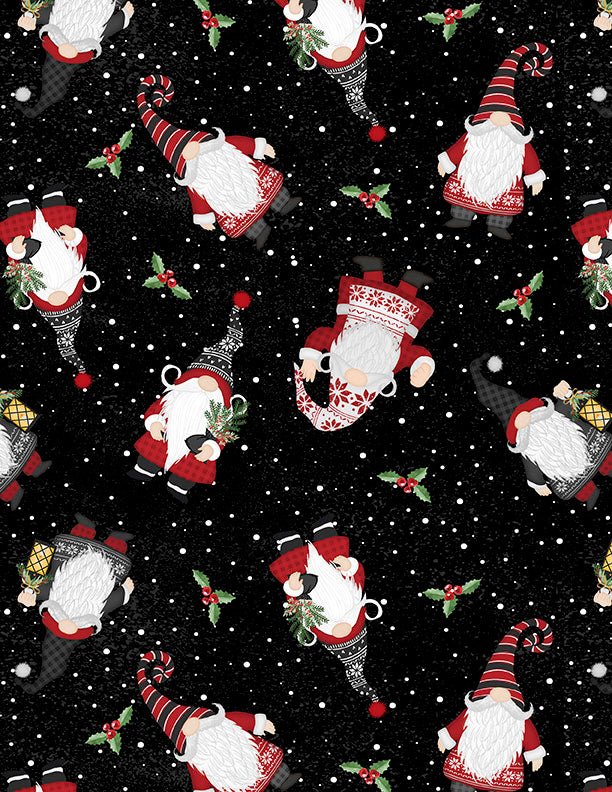 Snowy Gnomies Christmas Quilt Fabric 3074 49373 991 Gnome Toss Black - Jammin Threads