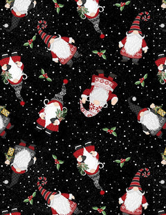 Snowy Gnomies Christmas Quilt Fabric 3074 49373 991 Gnome Toss Black - Jammin Threads