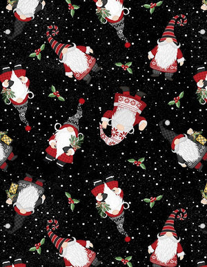 Snowy Gnomies Christmas Quilt Fabric 3074 49373 991 Gnome Toss Black - Jammin Threads