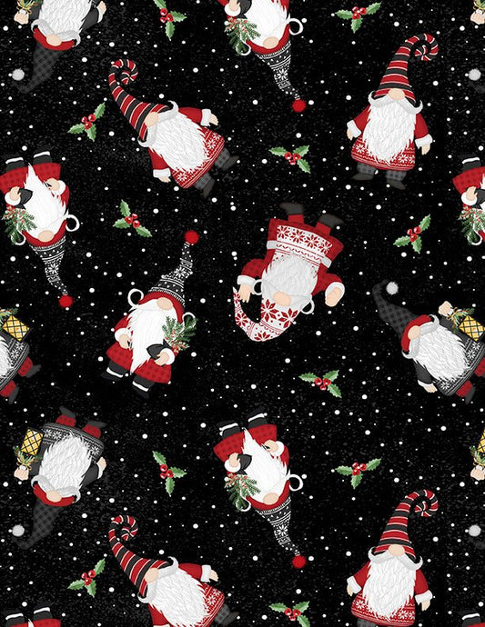 Snowy Gnomies Christmas Quilt Fabric 3074 49373 991 Gnome Toss Black - Jammin Threads