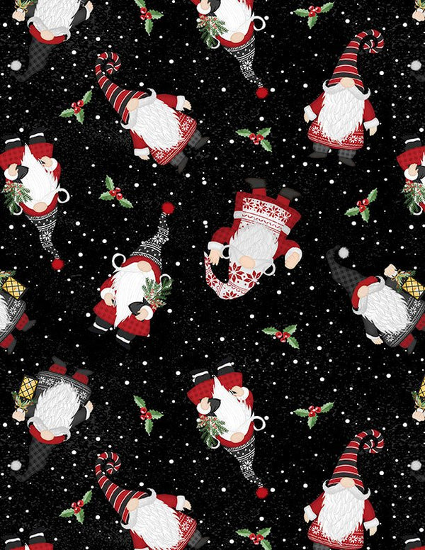 Snowy Gnomies Christmas Quilt Fabric 3074 49373 991 Gnome Toss Black - Jammin Threads