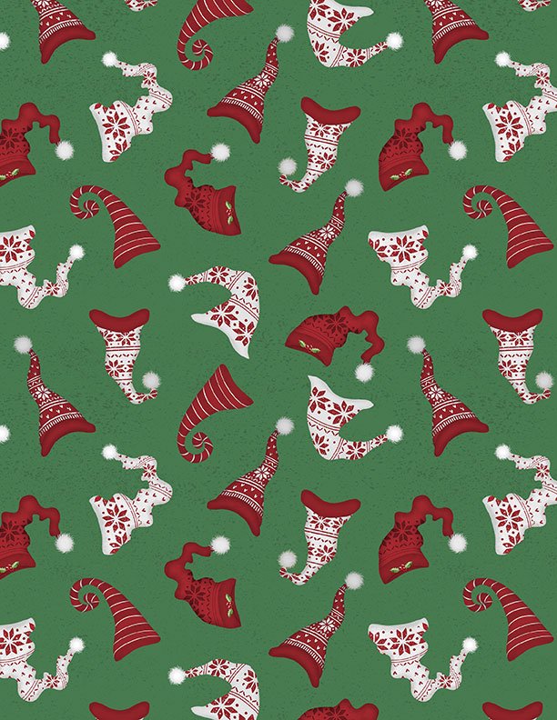 Snowy Gnomies Christmas Quilt Fabric 3074 49374 713 Hat Toss Green - Jammin Threads