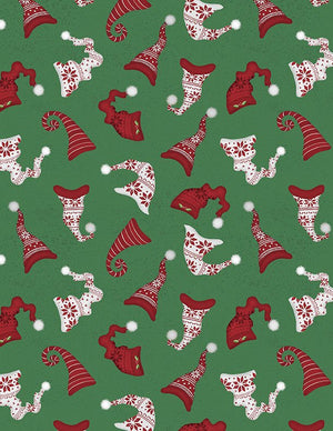 Snowy Gnomies Christmas Quilt Fabric 3074 49374 713 Hat Toss Green - Jammin Threads