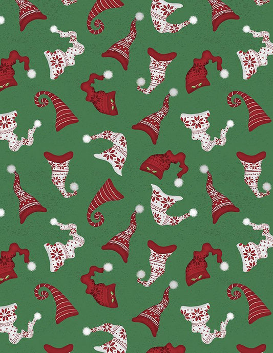 Snowy Gnomies Christmas Quilt Fabric 3074 49374 713 Hat Toss Green - Jammin Threads