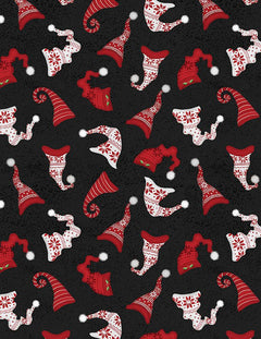 Snowy Gnomies Christmas Quilt Fabric 3074 49374 913 Hat Toss Black - Jammin Threads