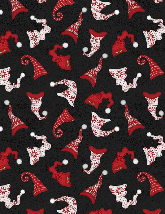 Snowy Gnomies Christmas Quilt Fabric 3074 49374 913 Hat Toss Black - Jammin Threads