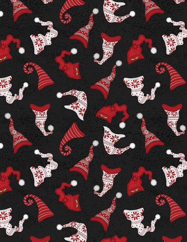 Snowy Gnomies Christmas Quilt Fabric 3074 49374 913 Hat Toss Black - Jammin Threads