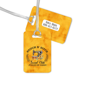 Stitch N Bitch Social Club. Funny personalized luggage tag for quilters and sewists - Jammin Threads