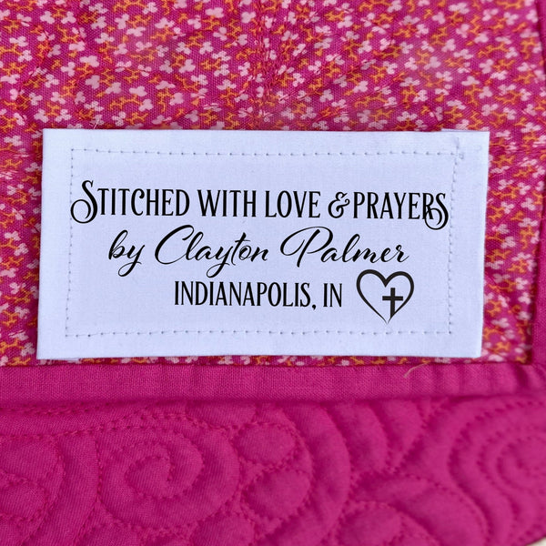 Stitched with Love & Prayers. Sheet of 8 Quilt Labels. 3 x 1" - Jammin Threads