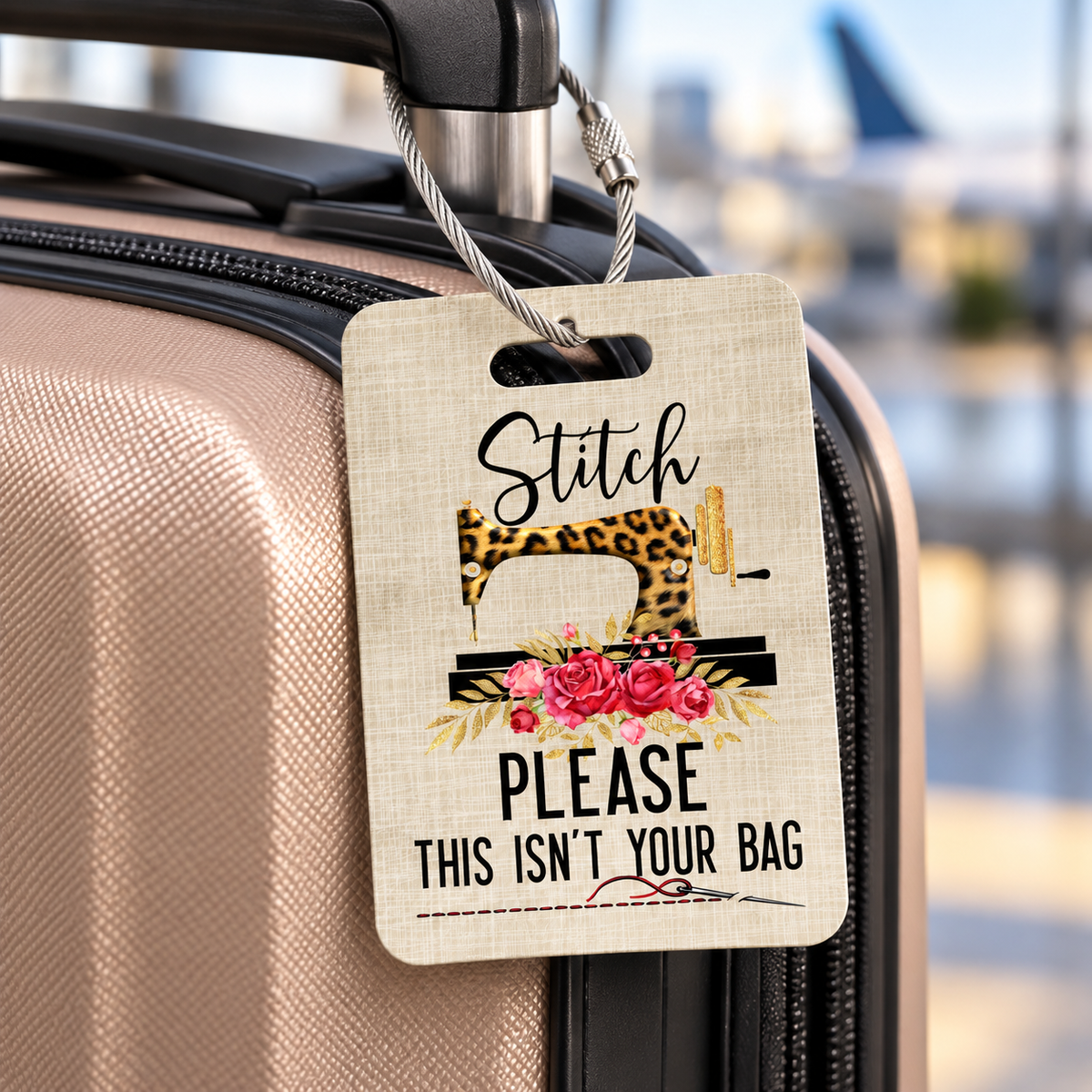 Personalized Stitch Please This Isn’t Your Bag quilting luggage tag with floral sewing machine design and contact information on back