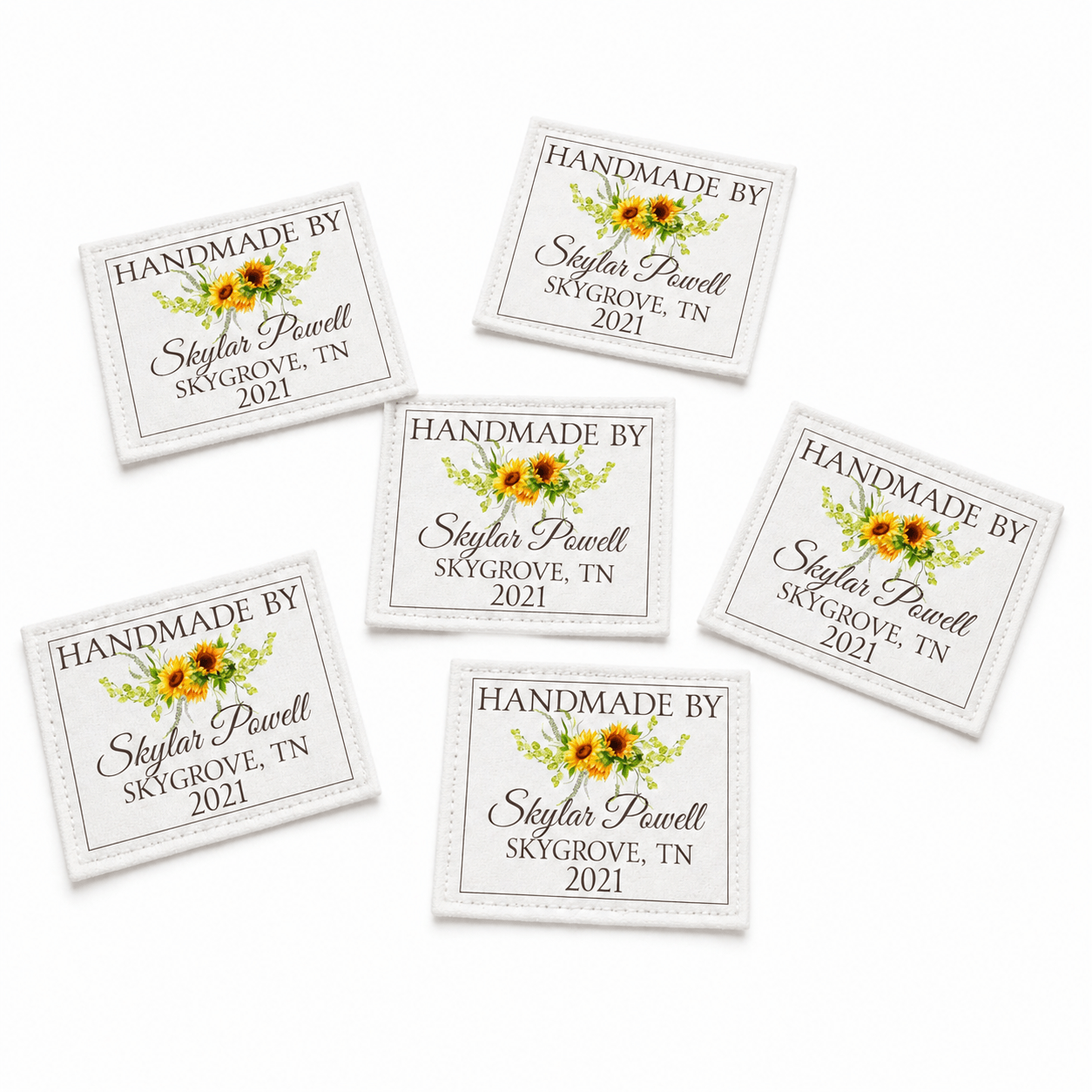 Sunflower Quilt Labels – Personalized with Name, Location & Year | 6 Fabric Labels per Sheet (2.5” x 2”) Custom Quilt Tag - Jammin Threads