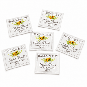 Sunflower Quilt Labels – Personalized with Name, Location & Year | 6 Fabric Labels per Sheet (2.5” x 2”) Custom Quilt Tag - Jammin Threads