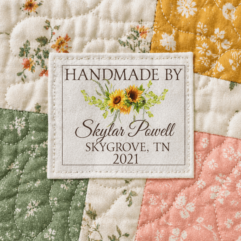 Sunflower Quilt Labels – Personalized with Name, Location & Year | 6 Fabric Labels per Sheet (2.5” x 2”) Custom Quilt Tag - Jammin Threads