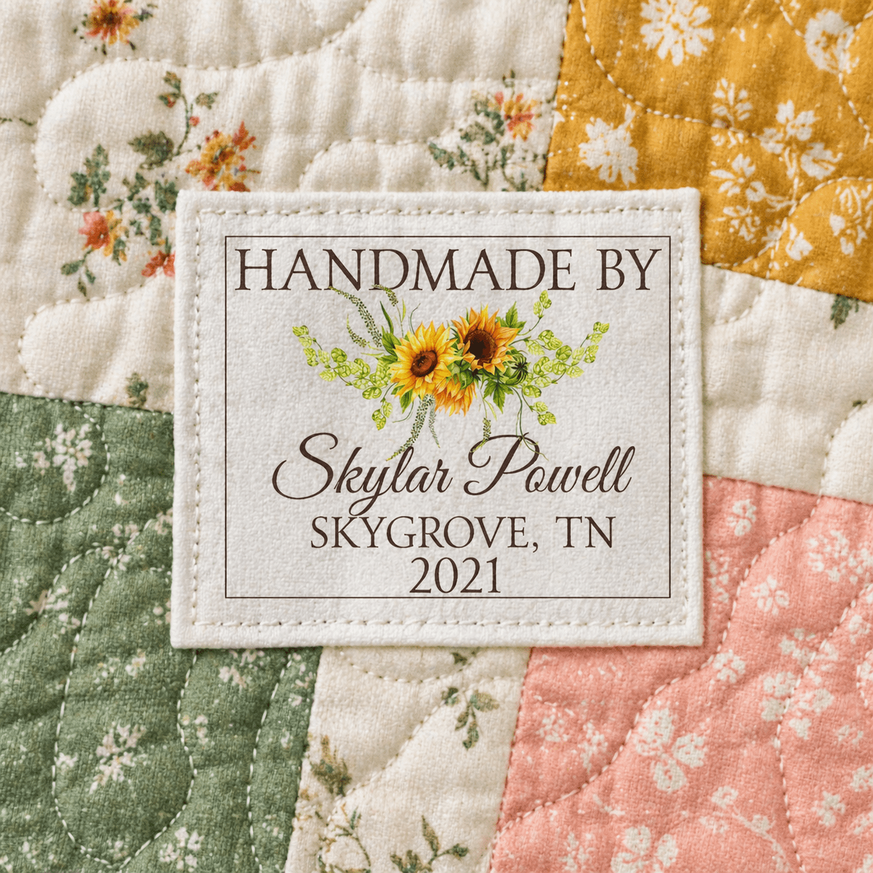 Sunflower Quilt Labels – Personalized with Name, Location & Year | 6 Fabric Labels per Sheet (2.5” x 2”) Custom Quilt Tag - Jammin Threads