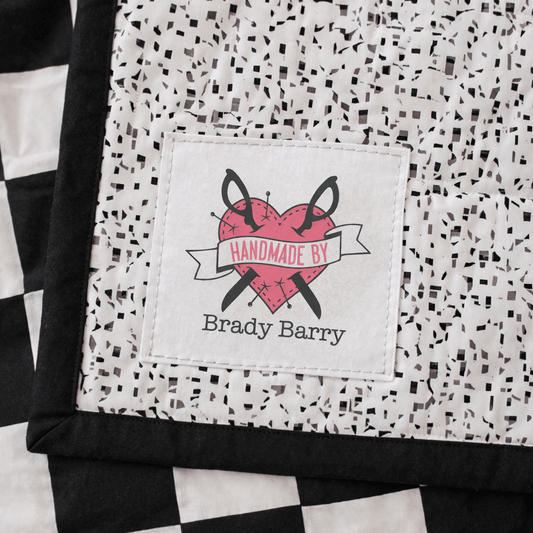 Tattoo Heart Quilt Label – Personalized “Handmade By” Sewing Label, Custom Quilt Tag, Cotton or Polyester (6 per Page) - Jammin Threads