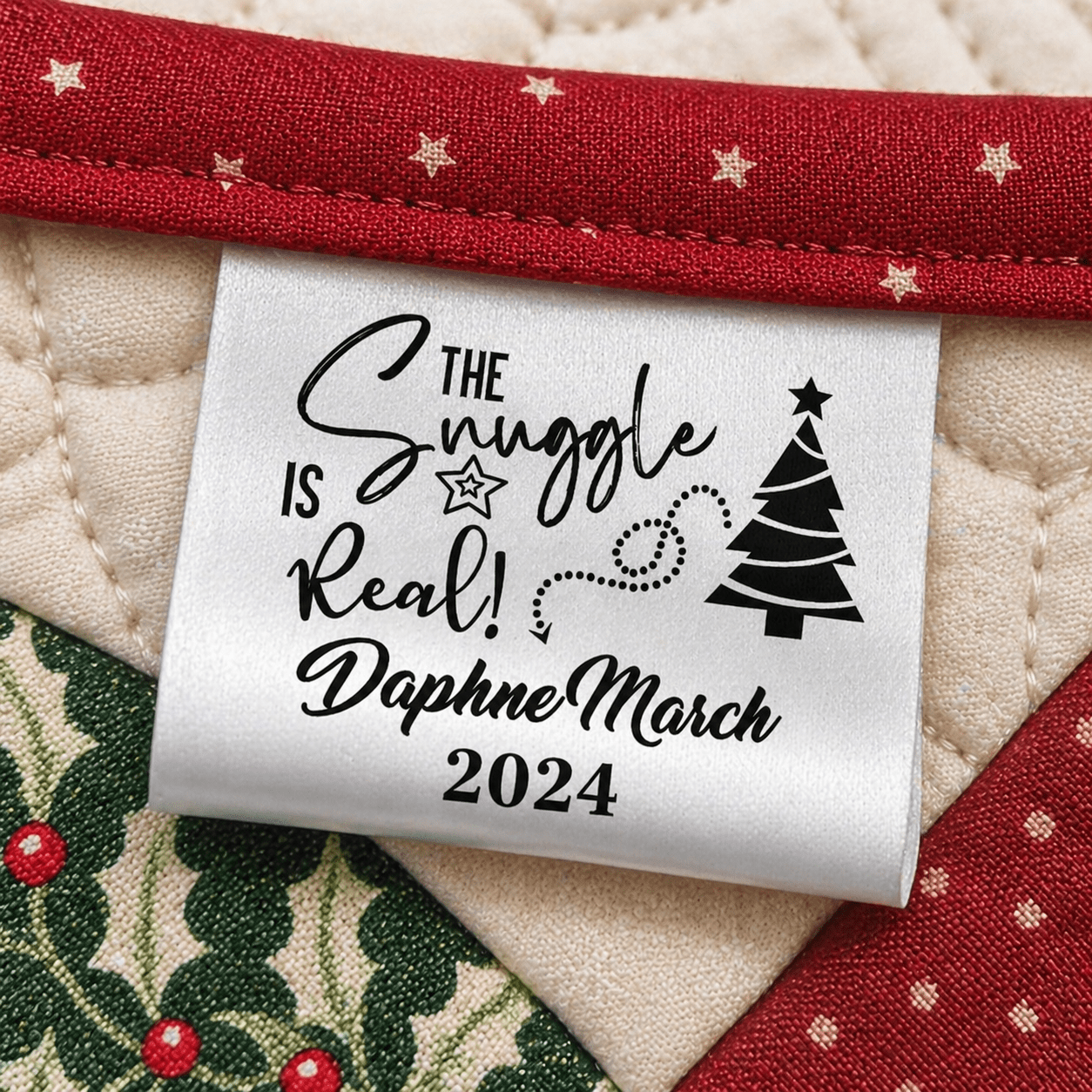 The Snuggle Is Real Christmas Quilt Label – Personalized Satin Tag with Name & Year | Holiday Sew - In Tag 2” x 1” - Jammin Threads