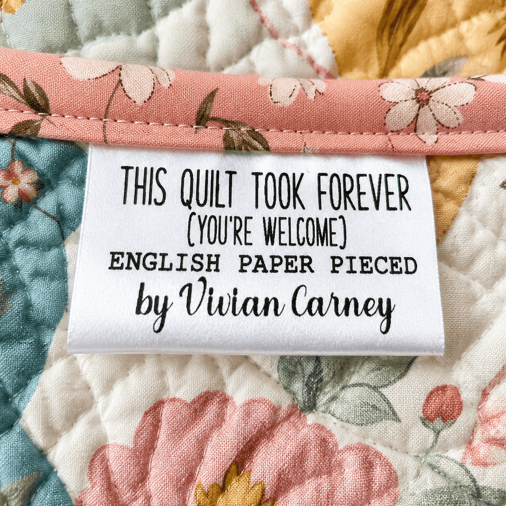 This Took Forever Satin Quilt Tags – Funny English Paper Pieced Sew-In Tags – Personalized EPP Satin Labels - Jammin Threads