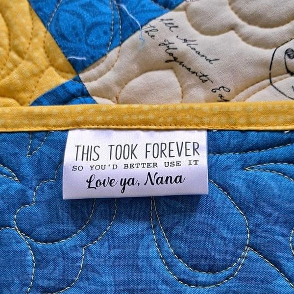 This took forever so you'd better use it. Funny satin quilt tags and labels - Jammin Threads