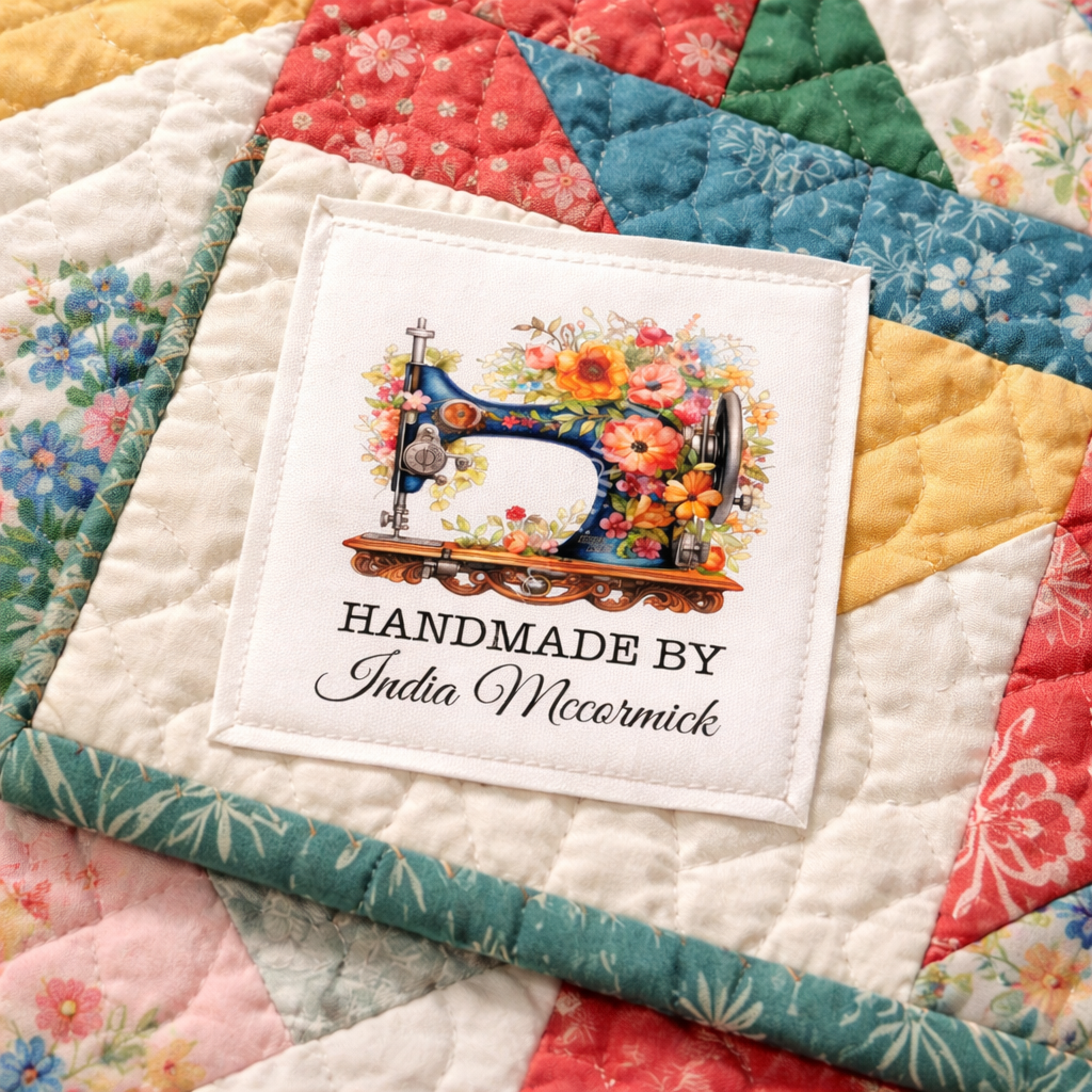 Vintage Sewing Machine Quilt Label – Personalized Handmade By Label with Floral Design – Custom Quilter Name Tag (Set of 6) - Jammin Threads