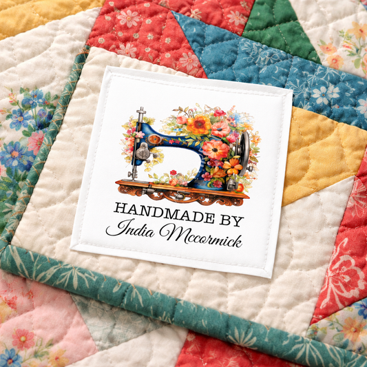 Vintage Sewing Machine Quilt Label – Personalized Handmade By Label with Floral Design – Custom Quilter Name Tag (Set of 6) - Jammin Threads