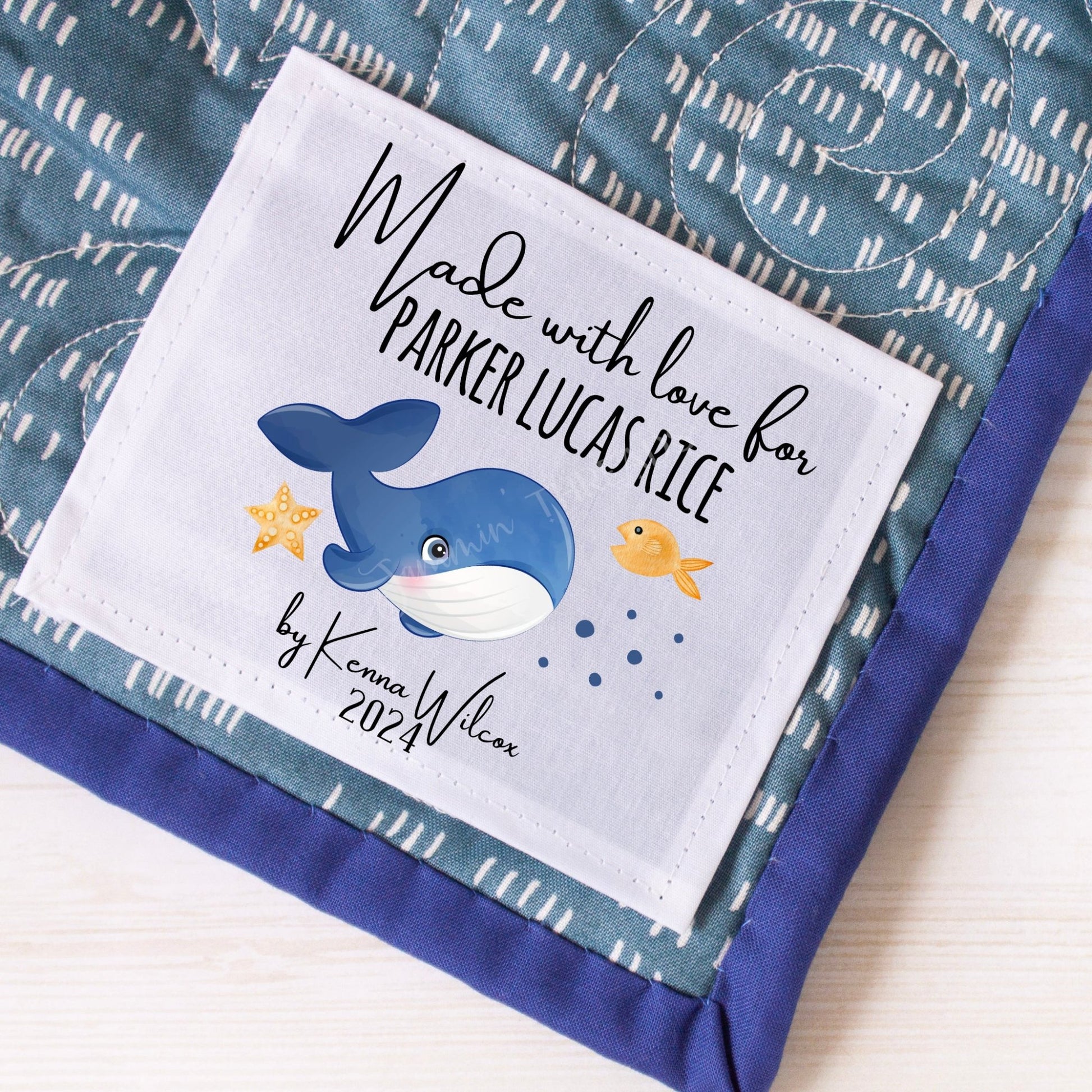 Whale Baby Quilt Label personalized for babies and kids - Jammin Threads