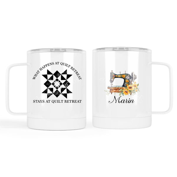 What Happens at Quilt Retreat, Stays at Quilt Retreat. Funny quilting mugs and tumblers - Jammin Threads