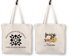 What Happens at Quilt Retreat, Stays at Quilt Retreat. Personalized quilting tote bag - Jammin Threads