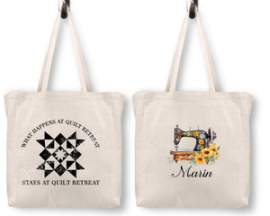What Happens at Quilt Retreat, Stays at Quilt Retreat. Personalized quilting tote bag - Jammin Threads