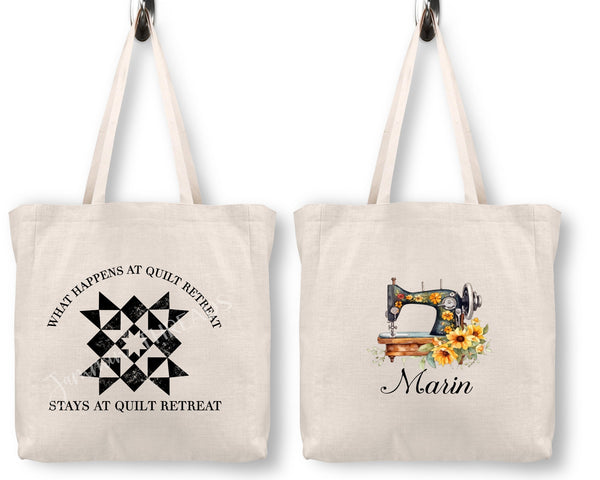 What Happens at Quilt Retreat, Stays at Quilt Retreat. Personalized quilting tote bag - Jammin Threads