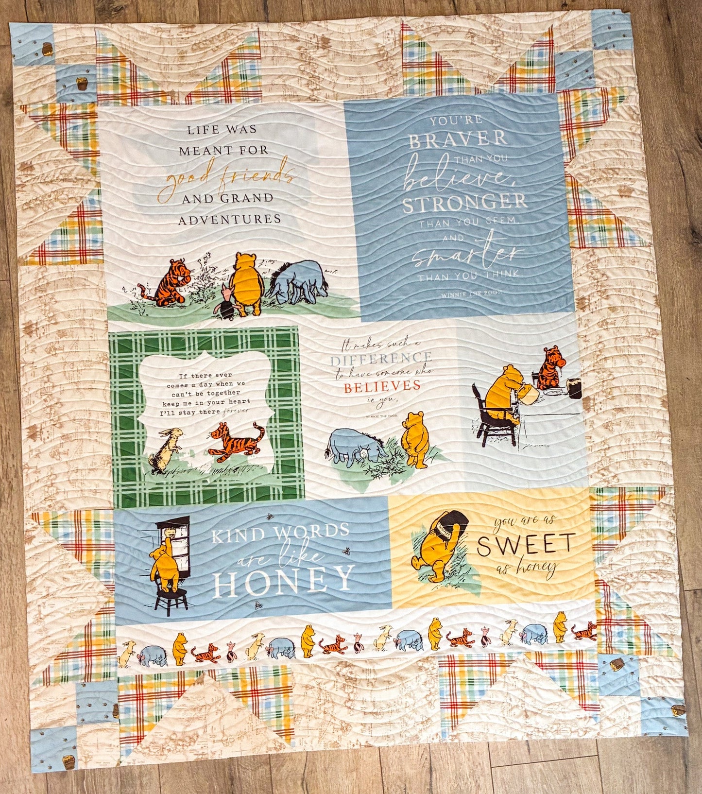 Winnie the Pooh Panel Quilt Kit – Homecoming Pattern by Orphan Quilt Designs | Classic Winnie Fabric | Finished 46 x 54” | Includes Personalized Satin Tag - Jammin Threads