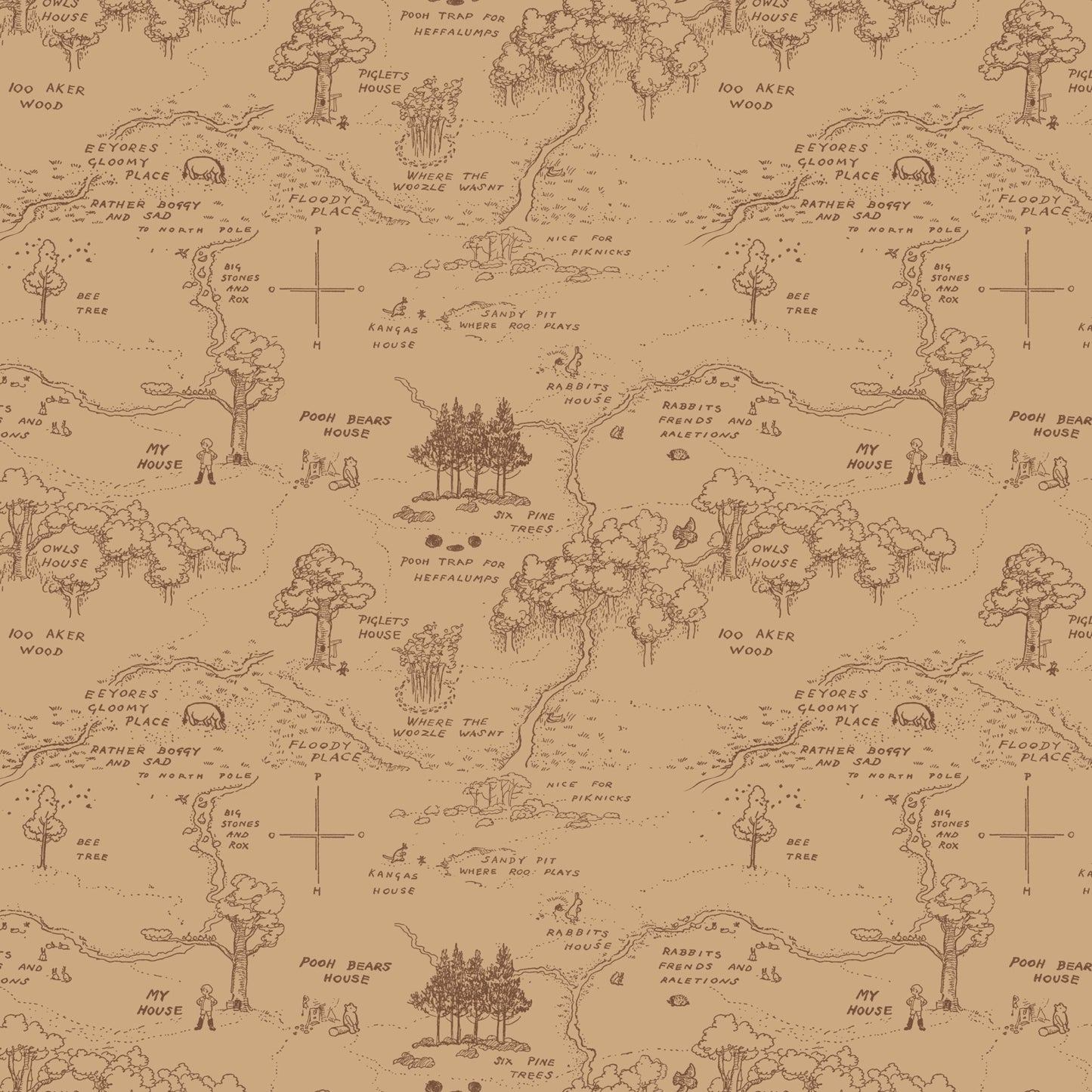 Winnie the Pooh Quilt Fabric Map C17001 - BROWN by Echo Park Paper Co. - Jammin Threads