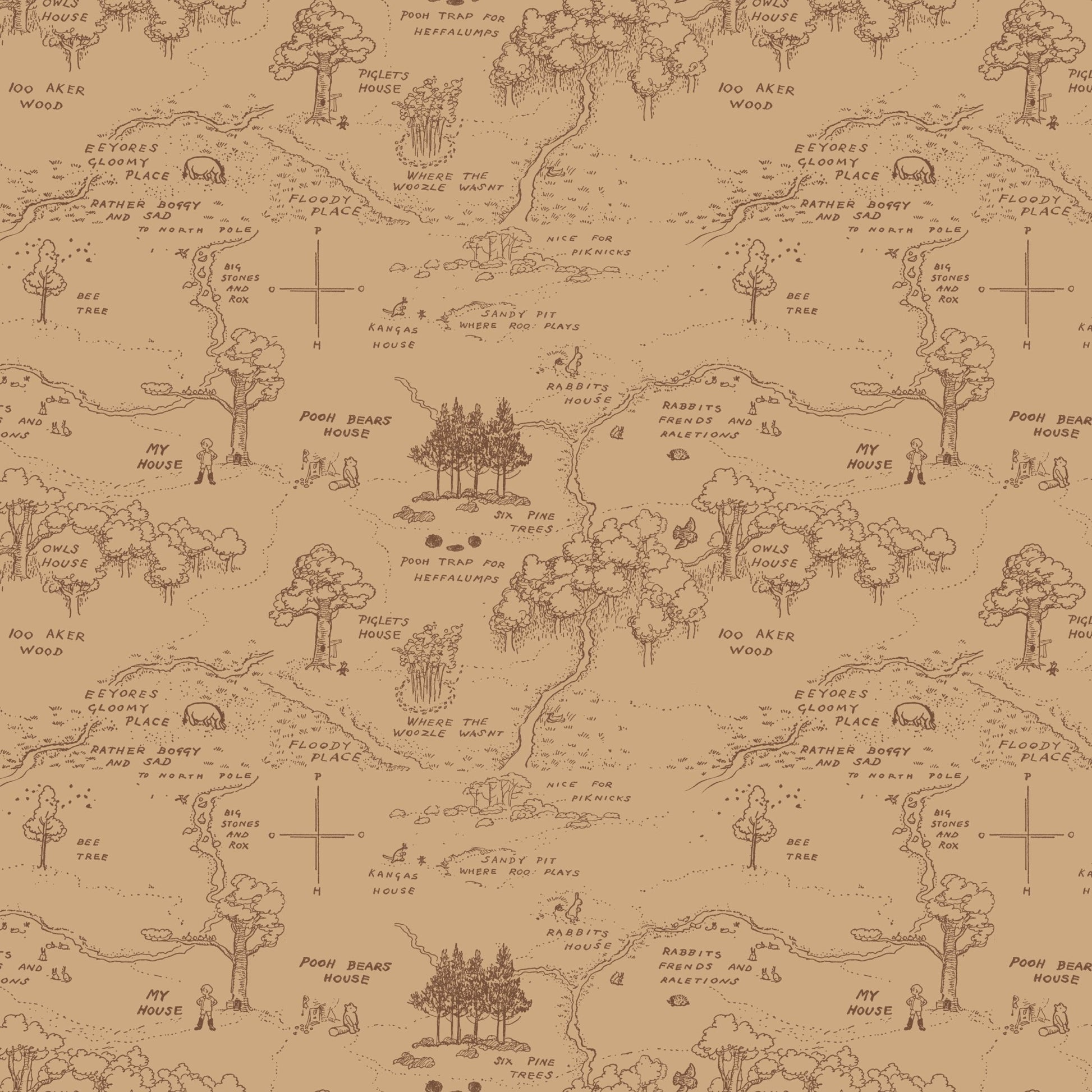 Winnie the Pooh Quilt Fabric Map C17001 - BROWN by Echo Park Paper Co. - Jammin Threads