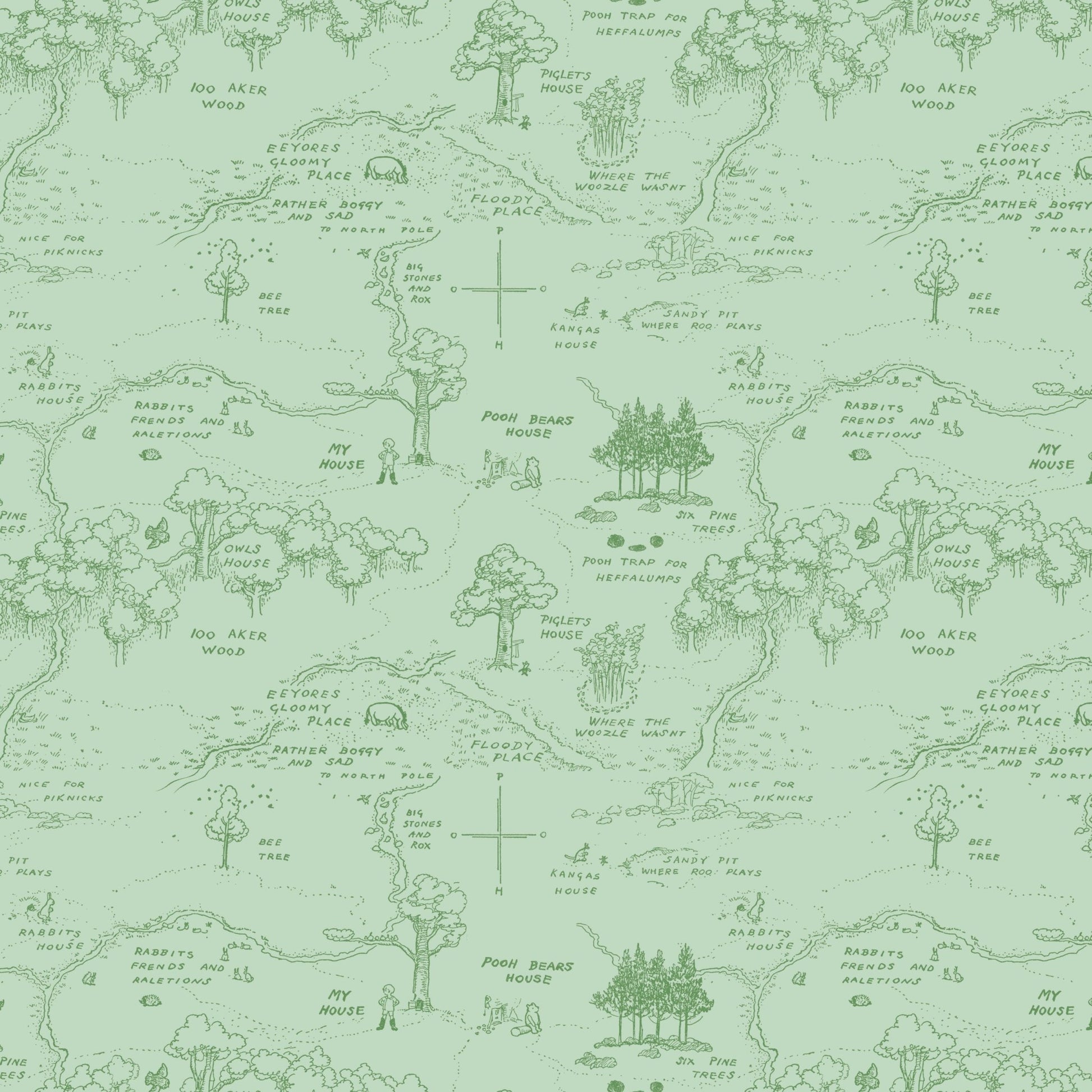Winnie the Pooh Quilt Fabric Map C17001 - GREEN by Echo Park Paper Co. - Jammin Threads
