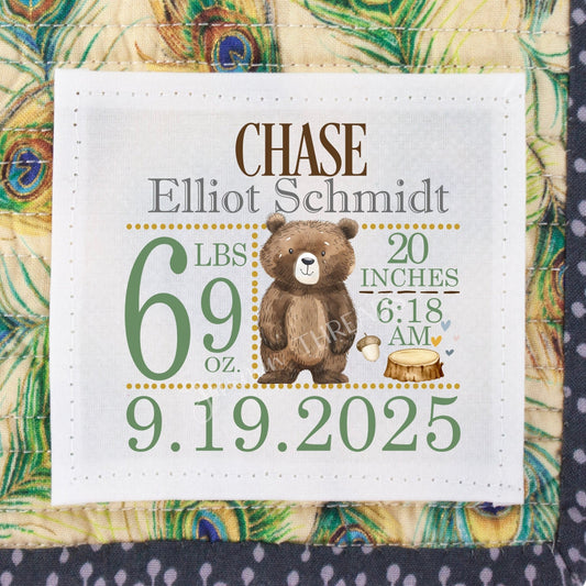 Woodland Bear Baby Birth Announcement Quilt Label. 5 x 5" personalized with baby's information (Copy) - Jammin Threads