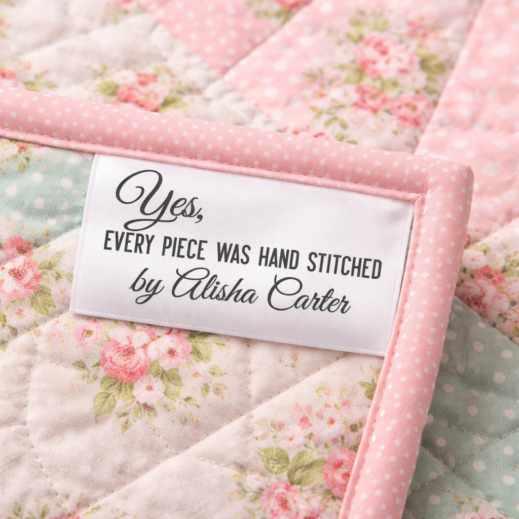 Yes, Every Piece Was Hand Stitched Satin Quilt Tags – Personalized Hand Pieced Quilt Tags – Sew - In Satin Labels – 25 Pack - Jammin Threads