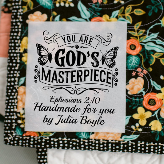 "You Are God's Masterpiece" Quilt Labels – Set of 6 | 2x2" Christian Tags – Ephesians Verse - Jammin Threads