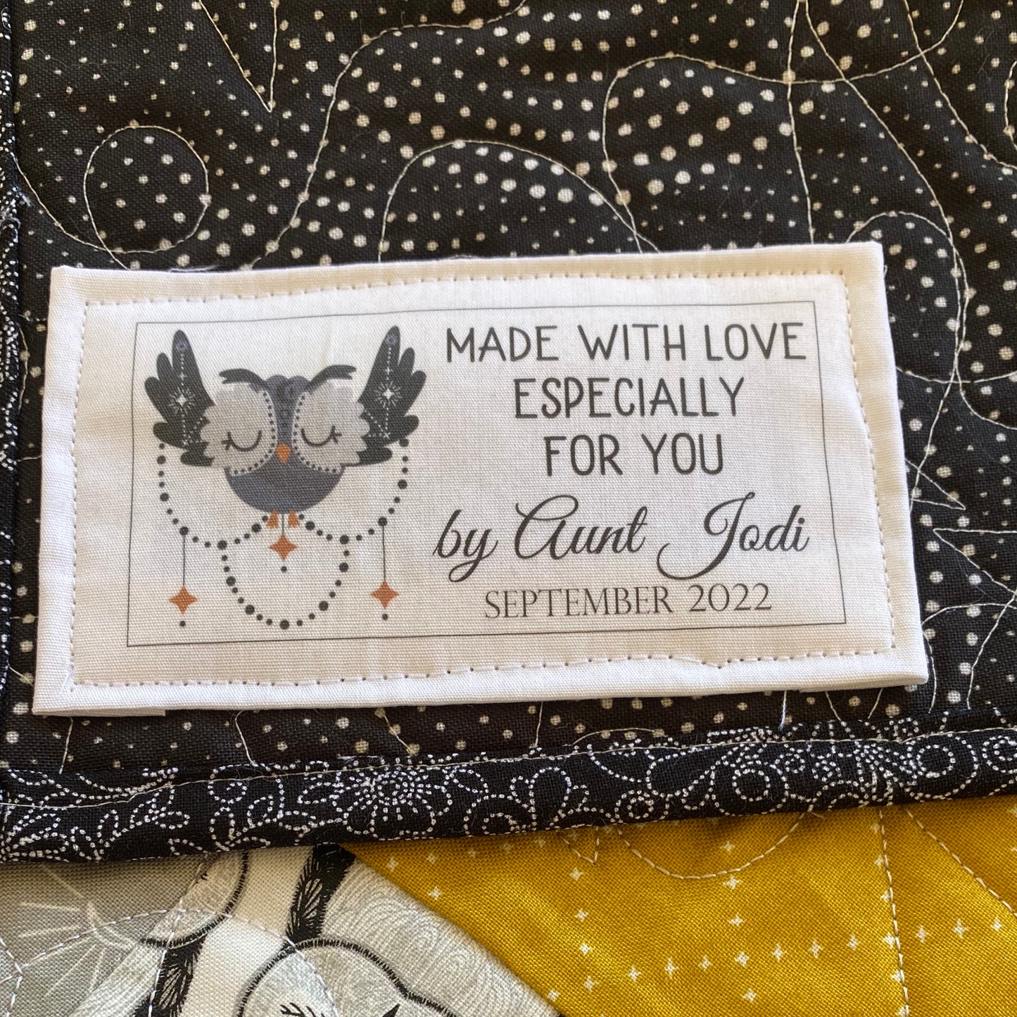 Boho custom quilt label with owl
