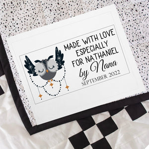 Boho custom quilt label with owl
