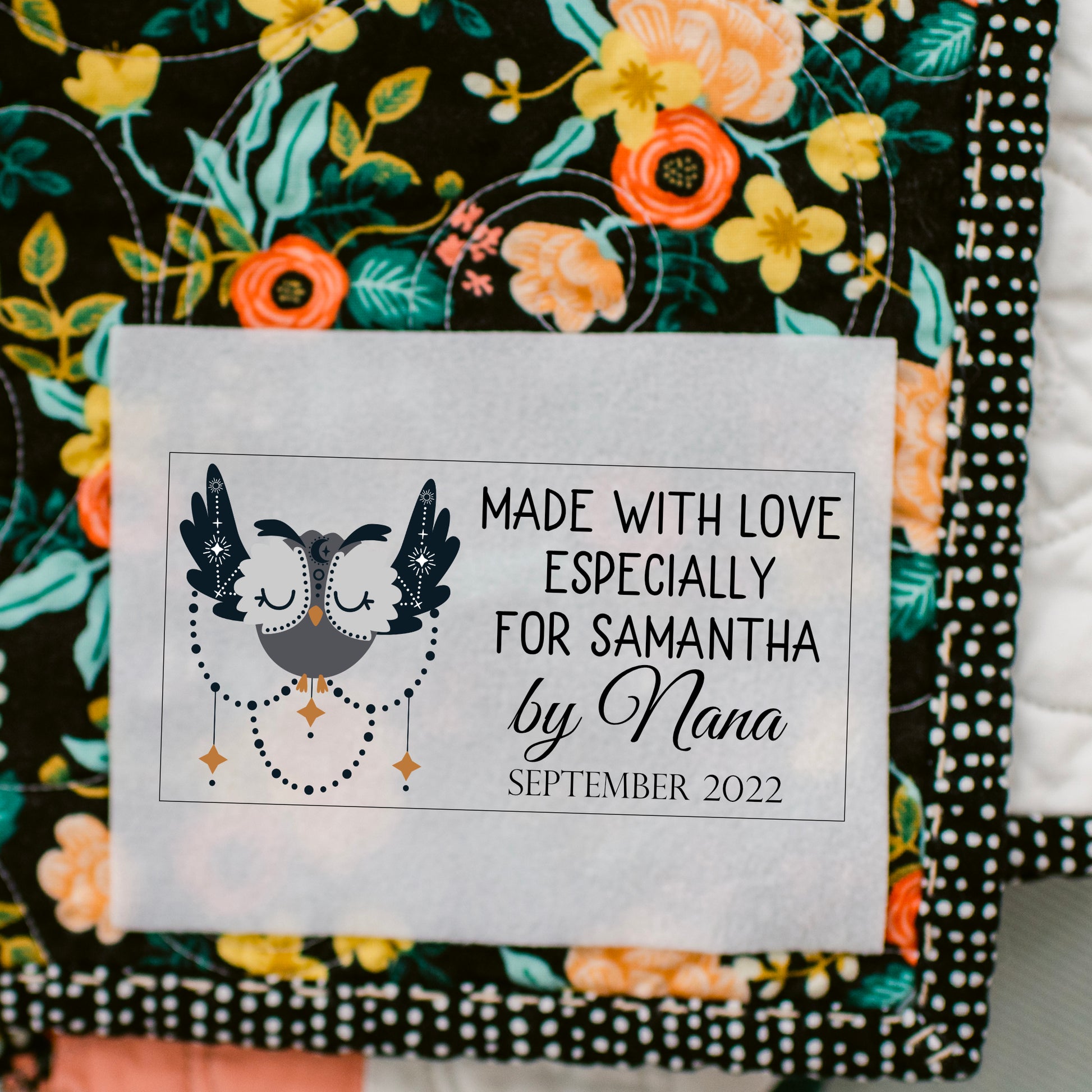 Personalized owl boho quilt label