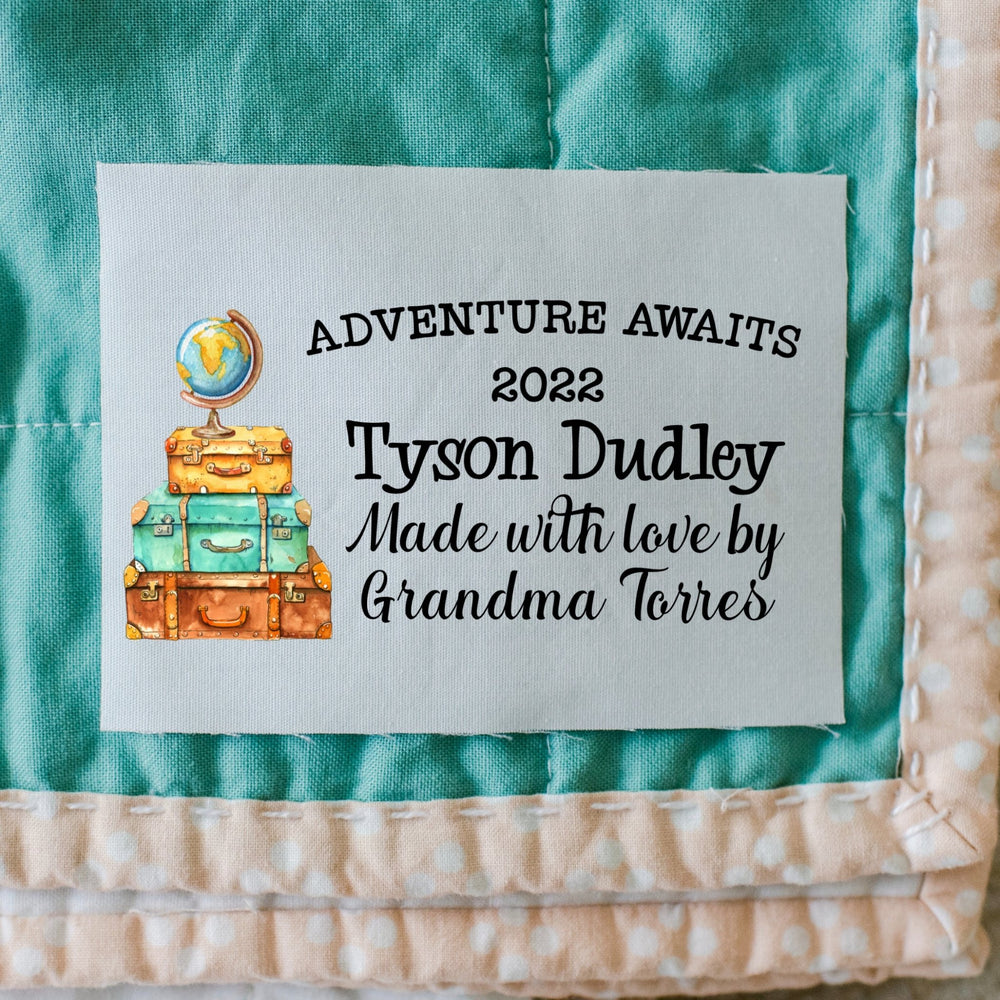 Adventure Awaits Quilt Label – Personalized Children’s Quilt Label with Name, Date & Maker – Travel Theme Luggage Quilt Tag - Jammin Threads