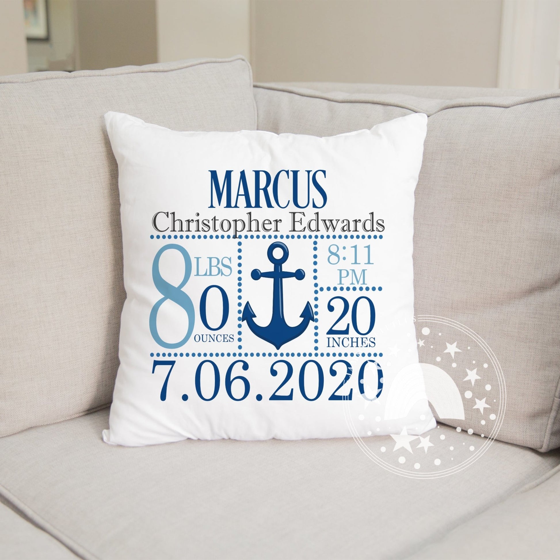 Nautical anchor baby birth announcement pillow